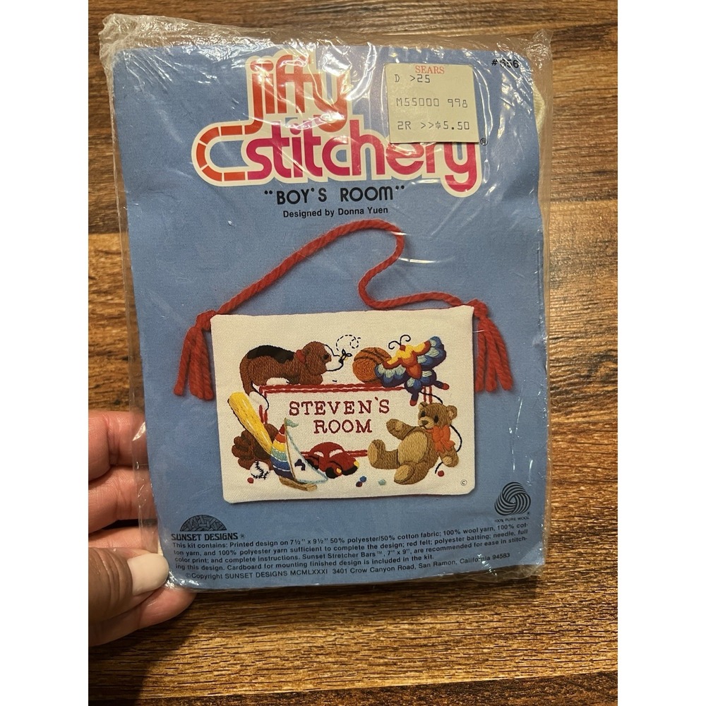 1981 Sunset Designs Jiffy Stitchery BOY'S ROOM Wall Hanging Embroidery Kit #656